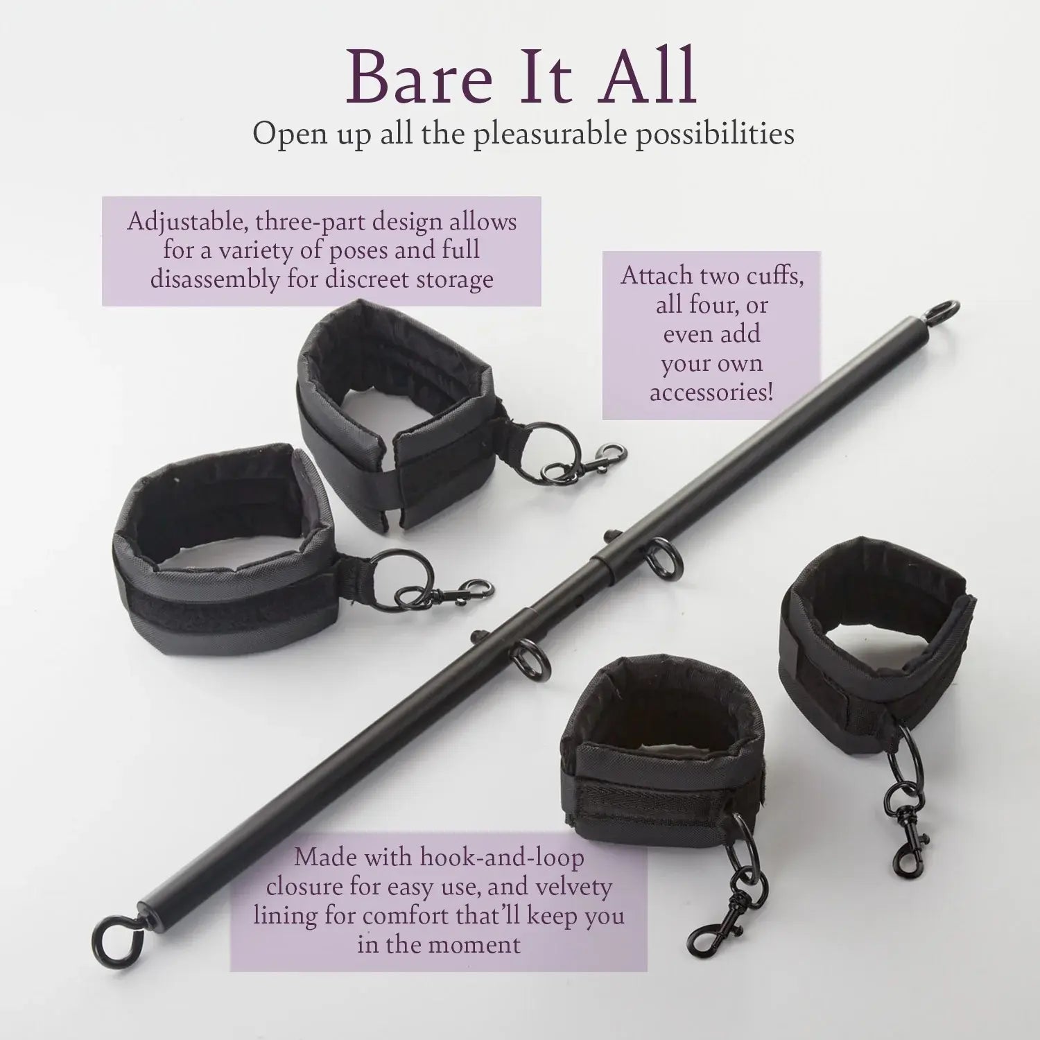 Bare It All spreader bar set showing adjustable length and cuffs